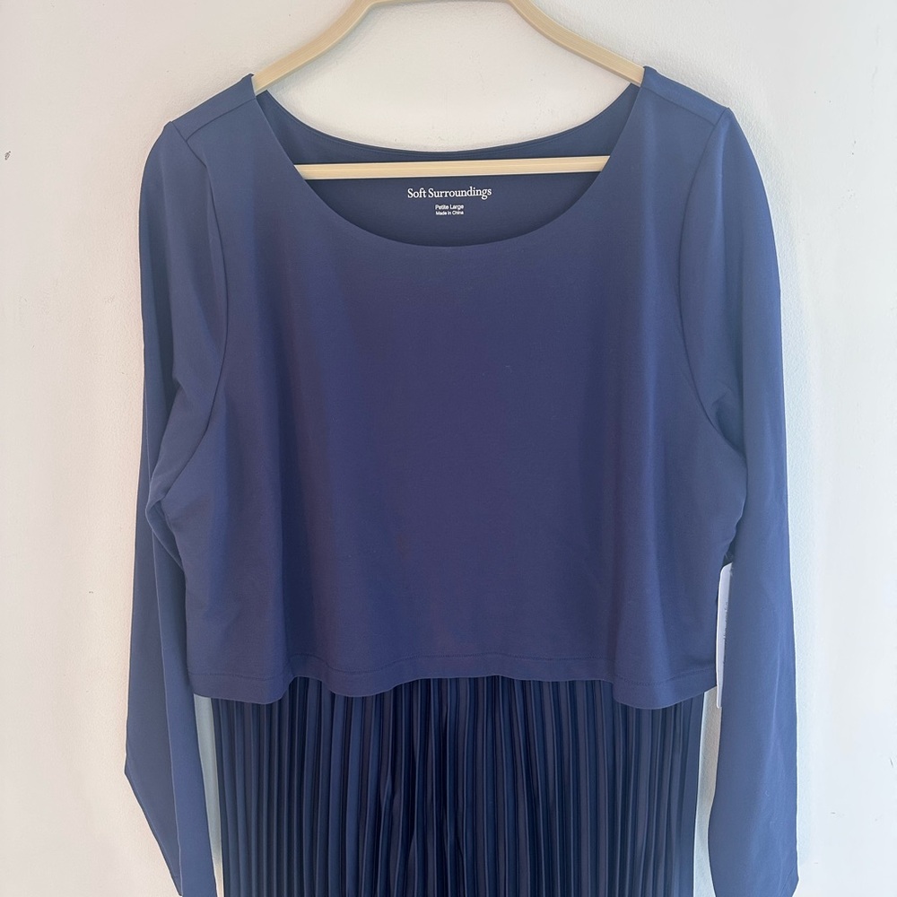 Soft Surroundings Cassandra Midi Dress Pleated Satin Skirt Navy Blue Large P - Picture 5 of 12